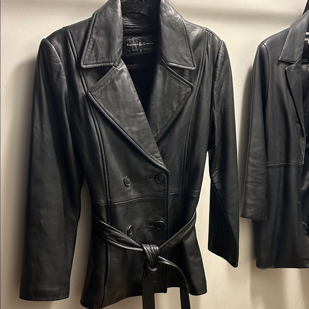 Kensie Black Leather Double-Breasted Belted Jacket